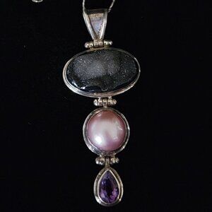 Vintage Sterling Silver Tri-Gemstone Amethyst, Druzy Stone, Pearl Necklace